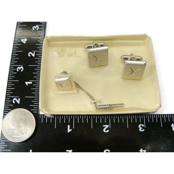 Tradition Silver Tone Cufflink Matching Tie Set Formal Wedding Tux Vintage IOB - Picture 6 of 16